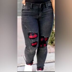 Judy blue skinny fit washed black distressed buffalo check plaid jeans 20W